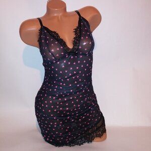 Lingerie Set Babydoll & Thong Panty Sleepwear Pink Black Heart Sheer Scrunch Sle